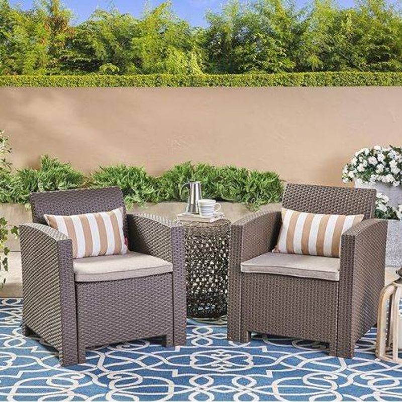 Outdoor Brown Club Chairs With Mixed Beige Water Resistant Cushions_voghion.com