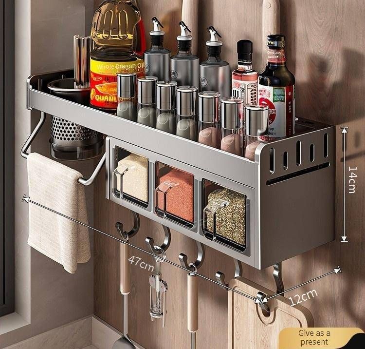 Space-Saving Wall-Mounted Kitchen Organizer With Spice Boxes, Knife Holder & Hooks – Gunmetal Gray_voghion.com
