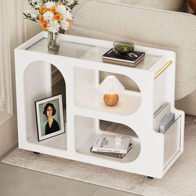 Mobile End Table With Lockable Wheels, Narrow Coffee Table With 5mm Thick Fluted Tempered Glass, Modern Nightstand With Golden Round Rod, Living Room, 31.5''W X11.8''D X 23.1''H_voghion.com