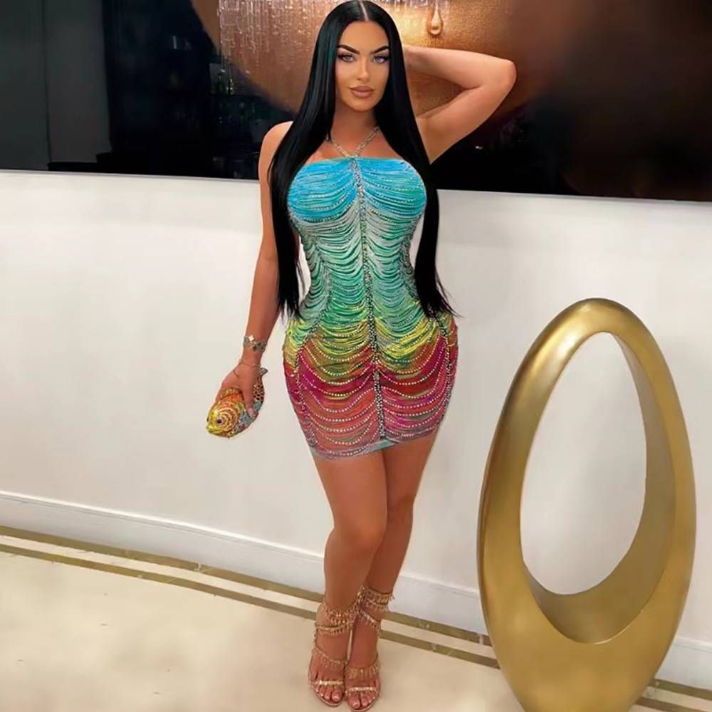 Women Rainbow Diamonds Crystal Tassel Halter Neck Bodycon Midi Dress 2024 Evening Sexy Party Club Chic Dresses Vestidos_voghion.com