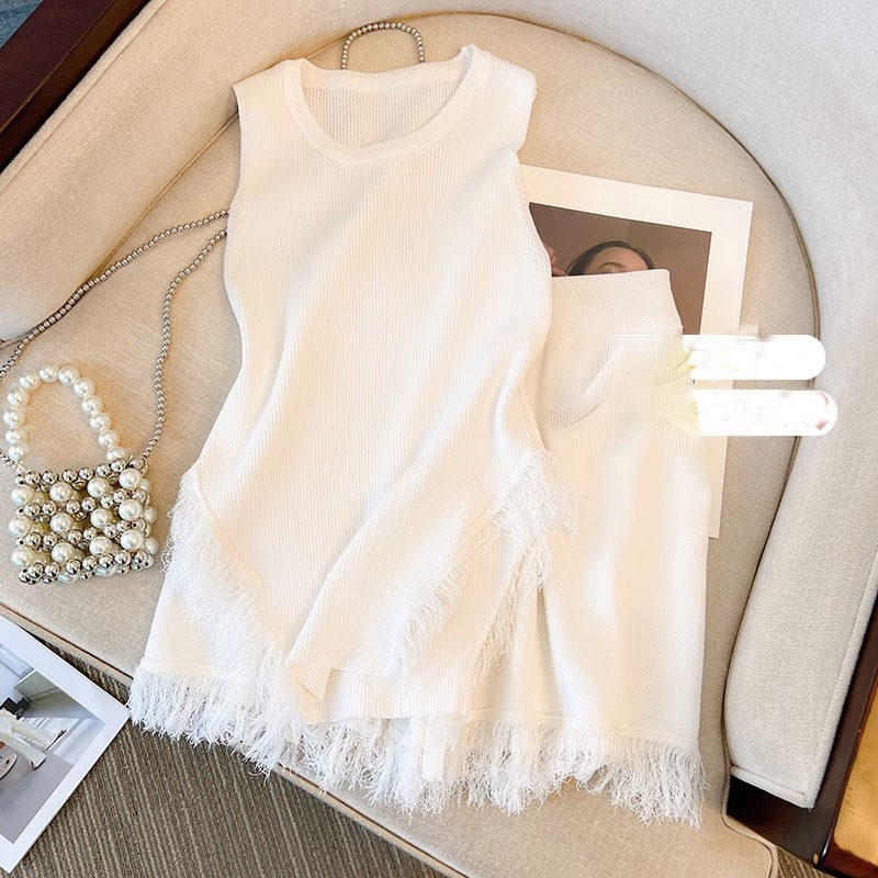 Damenbekleidung Oberteil im süßen und würzigen Stil, Damen-Top mit rosa Quaste, kleinem Strick-Camisole + lässigen Shorts mit hoher Taille und weitem Bein_voghion.com