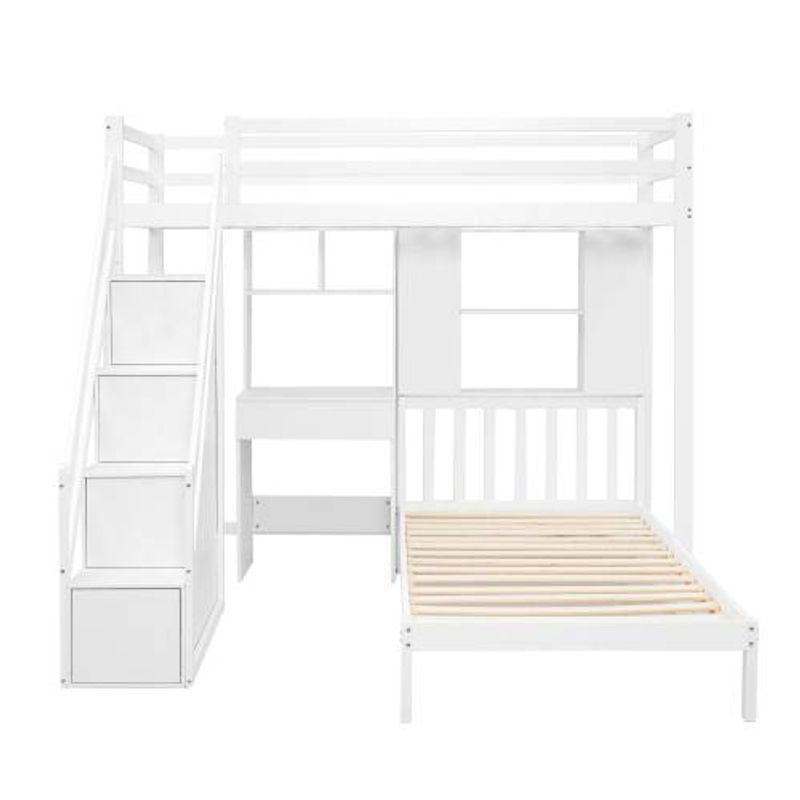 Litera Wood House de 90 x 190 cm, cama doble, multifuncional, con espacio de almacenamiento, escritorio y estantes, con somier de láminas._voghion.com