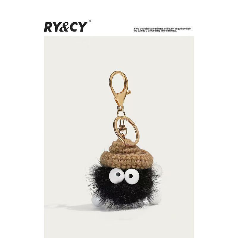 Portachiavi con ciondolo per auto a forma di piccola palla di carbone in pelliccia di visone, decorazione per zaino in peluche di celebrità di Internet_voghion.com
