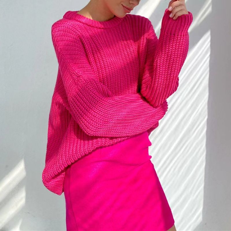​​"Damen Oversize-Strickpullover aus dickem Strick, lässiger Winterpullover mit Rundhalsausschnitt, langen Ärmeln, weiche Acrylmischung, einfarbig, lockere Passform"​​_voghion.com