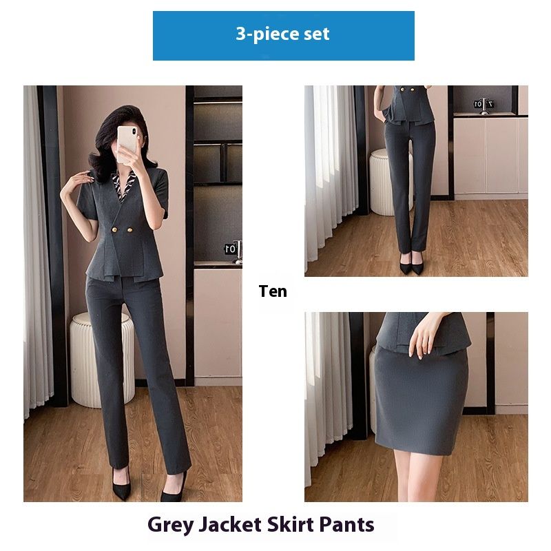 Grey Short Sleeved Professional Suit, Women's Beauty Salon, Hotel Reception, Workwear, Gold Shop, Jewelry Store_voghion.com