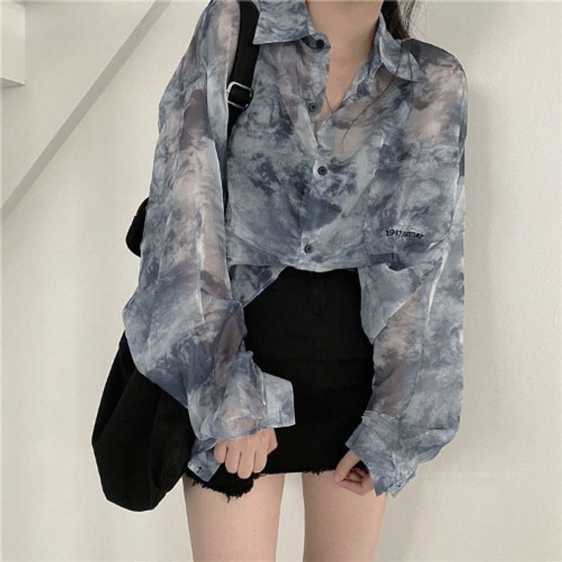 Women's chic design super fairy tie-dye long-sleeved shirt versatile loose sun protection shirt_voghion.com