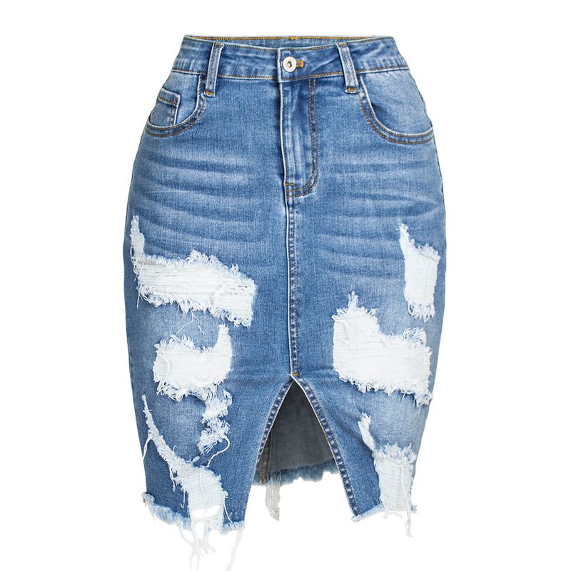 Damesjurk, slim-fit, wikkel-hippe denimrok, sexy rok met gescheurde franjes_voghion.com
