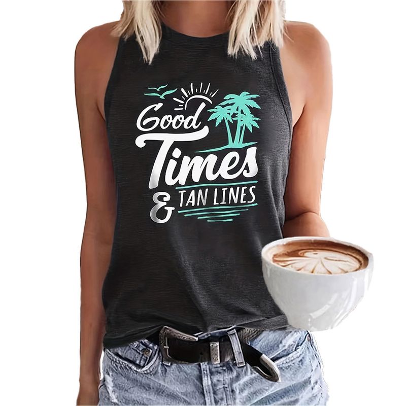 Women's Clothing Beach Holiday Letter-print Casual Loose Crew Neck Tank Top_voghion.com