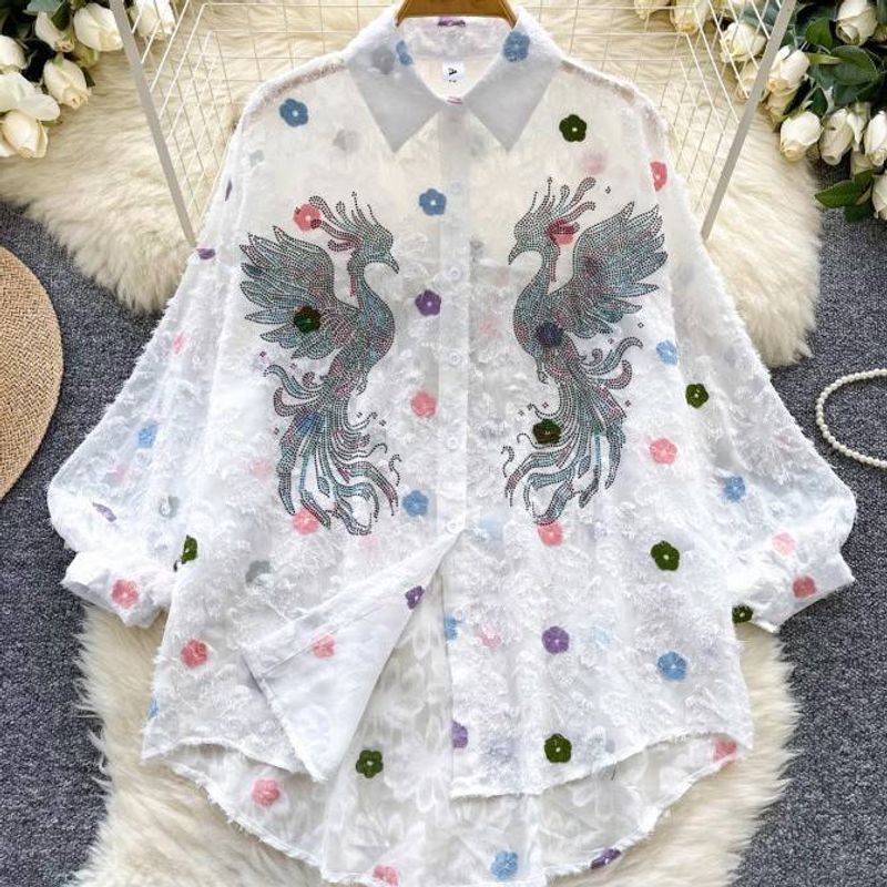 Dameskleding Herfst Nieuwe Mode Zware Hot Diamond Flower Borduurwerk Losse Slanke All Match Shirt_voghion.com