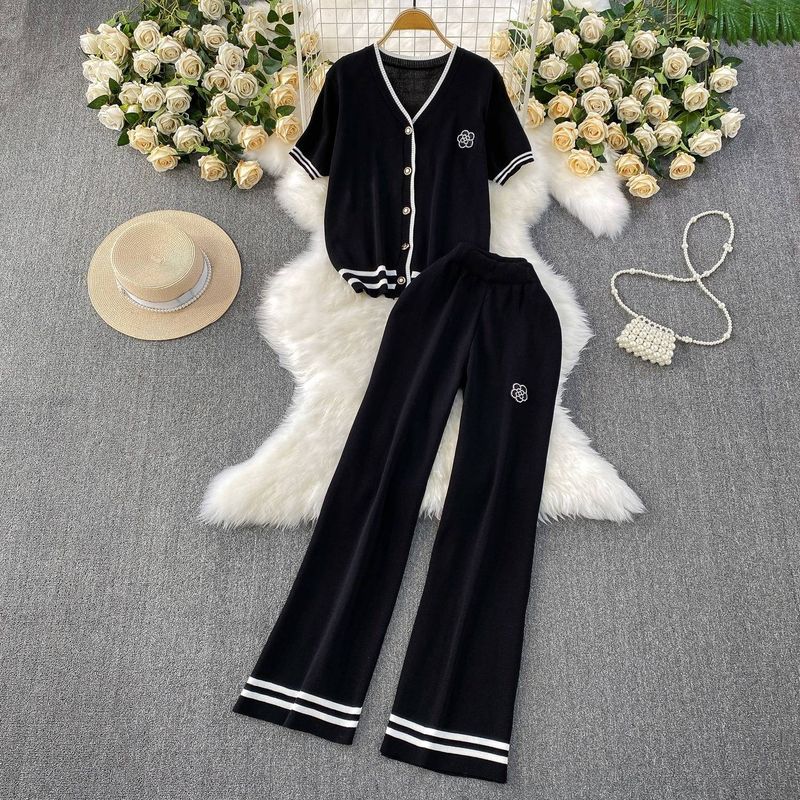 Women's Clothing Fashion Suit Design Camellia V Neck Striped Knitted Cardigan Top High Waist Slim Wide Leg Pants Two Piece Suit_voghion.com
