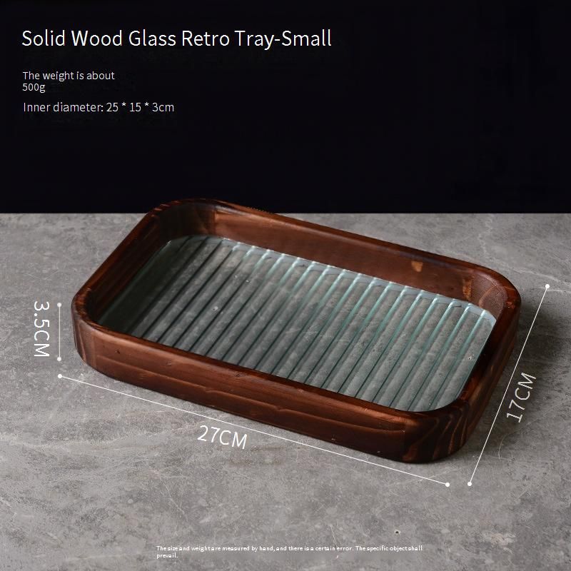 Walnut-Colored Rectangular Tray With Textured Glass - Minimalist Serving Platter For Tea, Coffee, Fruits & Desserts_voghion.com