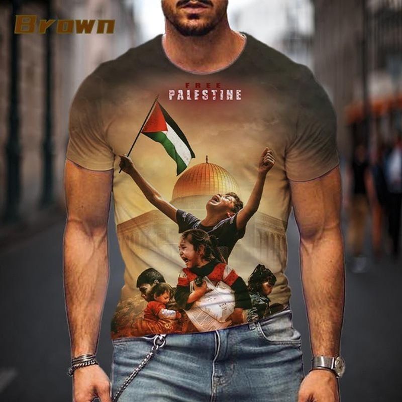 Ropa Verano Nueva PALESTINA LIBRE Impresión 3D Cuello Redondo Casual para Hombre_voghion.com
