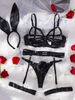 Γυναικεία οικεία καινούργια στολή με αποκαλυπτικό στήθος Σέξι κούφιο κουνελάκι με ρολό σετ εσωρούχων 5 τεμαχίων_voghion.com