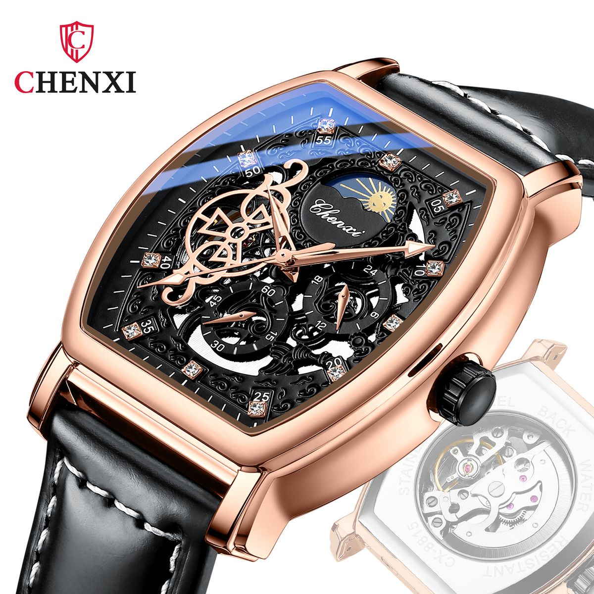 Men's Watches New Sun, Moon And Stars Barrel Shaped Automatic Mechanical Watch Men's Luminous Hollow Mechanical Watch Wholesale_voghion.com