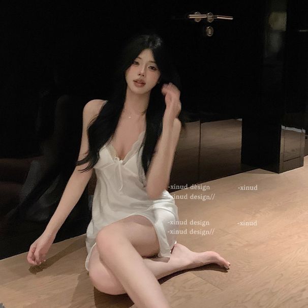 Soft Beauty Pure Desire Wind Sexy Skin Friendly Nightgown Ice Silk Bow Sweet Lace Suspender Dress Comfortable_voghion.com