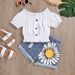 Off-Shoulder-Stretch-Denim-Set für Mädchen – Distressed-Blumenstickerei & Cropped-Top + Shorts (90–130 cm)_voghion.com