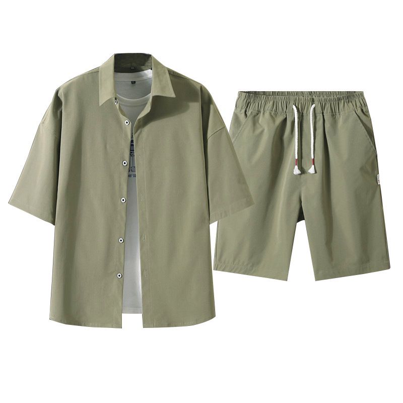Herrenbekleidung Kurzarmhemd Shorts Trendy Anzug Student Teenager Casual Zweiteiliger Anzug_voghion.com