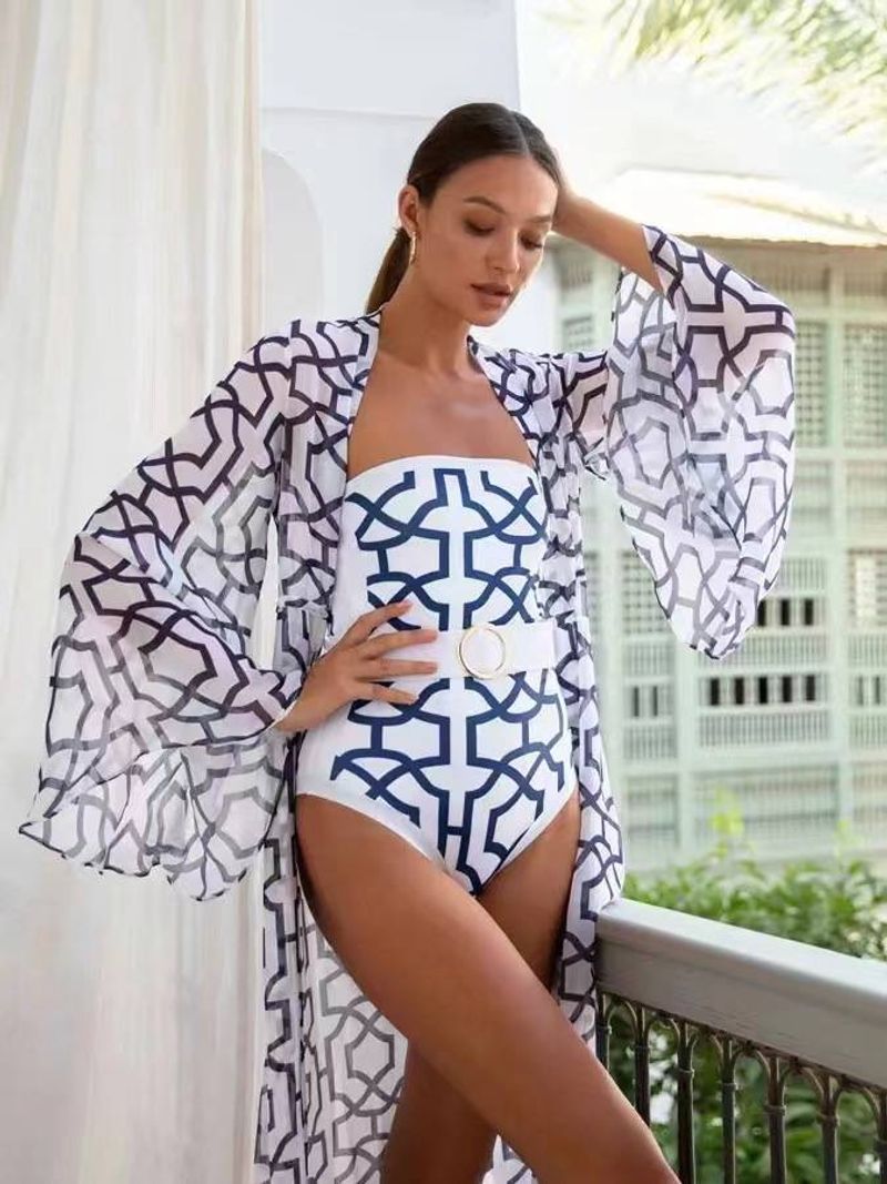 2024 Nowy Długi rękaw Cover Up Francuski Retro Hot Spring Swimsuit Cross border Moda Drukowany Jednoczęściowy Kostium Kąpielowy dla Kobiet_voghion.com