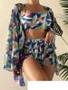 Costume da bagno da donna in quattro pezzi con stampa multicolore a maniche lunghe, camicetta sexy bikini alla moda_voghion.com