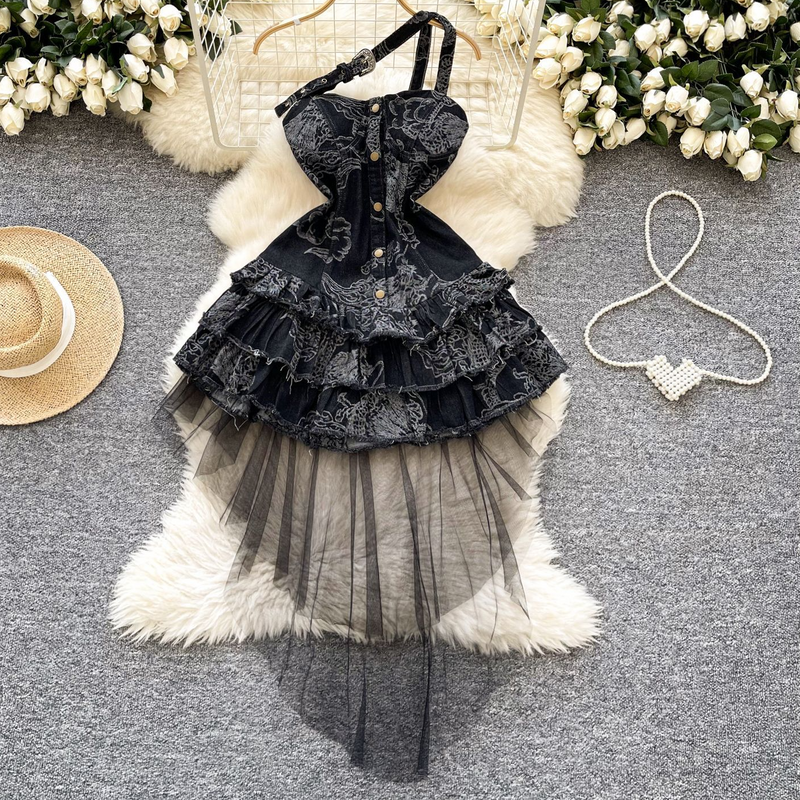 Women's Clothing Hot Girl Style Denim Tube Top Dress For Women Retro Old Fashioned Trailing Design Street Blasting Petite Puffy Short Skirt_voghion.com