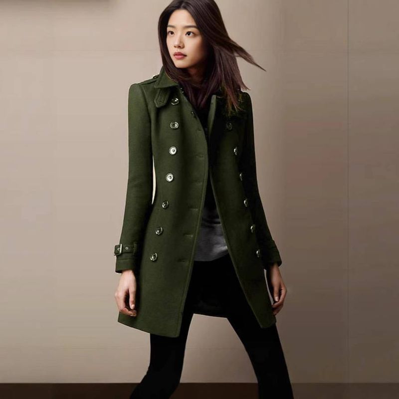 Women's Wool Blend Trench Coat - Elegant Double-Breasted Long Coat For Autumn Winter, Slim Fit Mid-Length Coat With Notch Lapel, Office Commuter Style_voghion.com