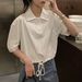 Maglietta a maniche corte da donna alla moda, modello coreano, con colletto POLO, design di nicchia, maglietta grigia dimagrante corta_voghion.com