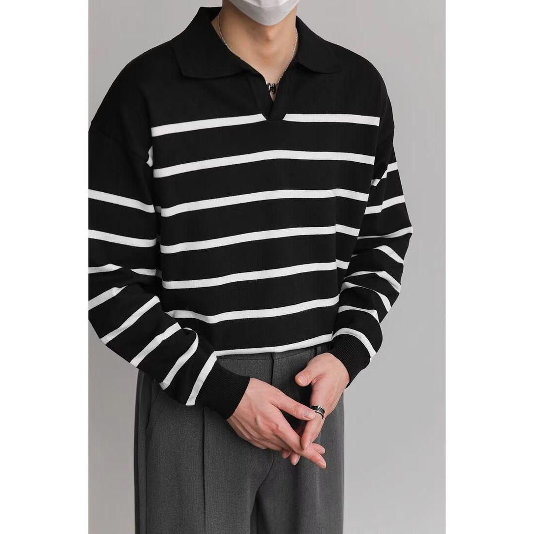 Polo col V à manches longues et revers pour homme, pull tricoté à rayures, léger, luxueux, style business, style ancien_voghion.com