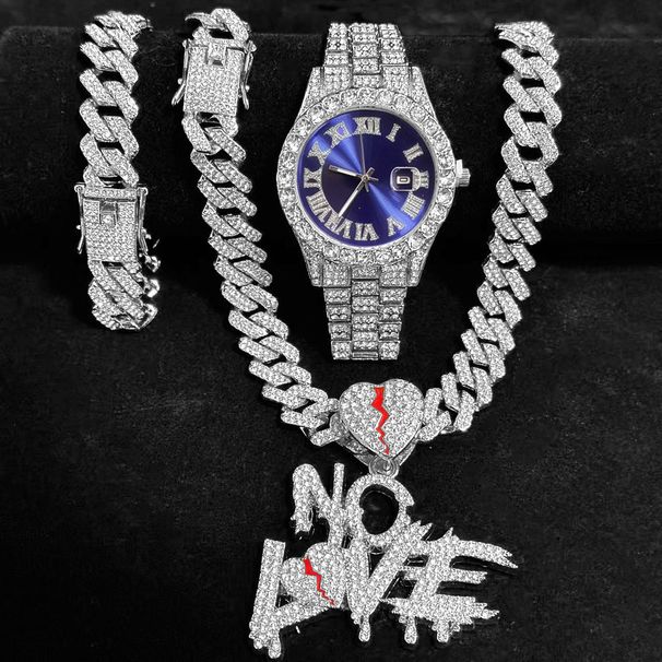 Ensemble montre hip-hop pour homme avec bracelet en acier inoxydable, chaîne à maillons cubains et pendentif en diamant (4 pièces) - Mouvement à quartz, tendance et élégant_voghion.com