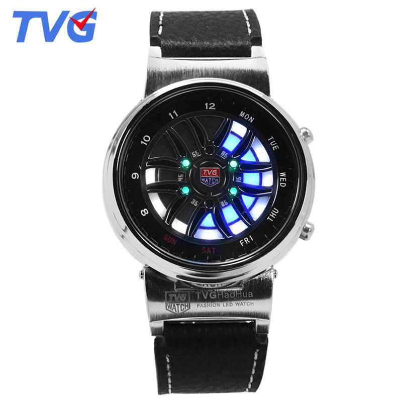 TVG X6 ceas digital elegant negru pentru bărbați, design floral, curea din piele, rezistent la apă, afișaj dată, ceas de mână Simple Leisure_voghion.com