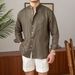 Commuting Light Cooked Casual Breathable Pure Linen Long Sleeved Versatile Vacation Stand Up Shirt For Men Henry Collar_voghion.com