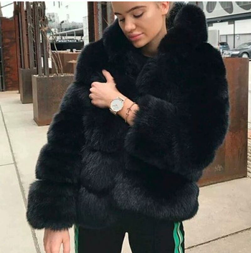Women's thick warm fur coat long sleeve hat imitation rabbit fur coat_voghion.com