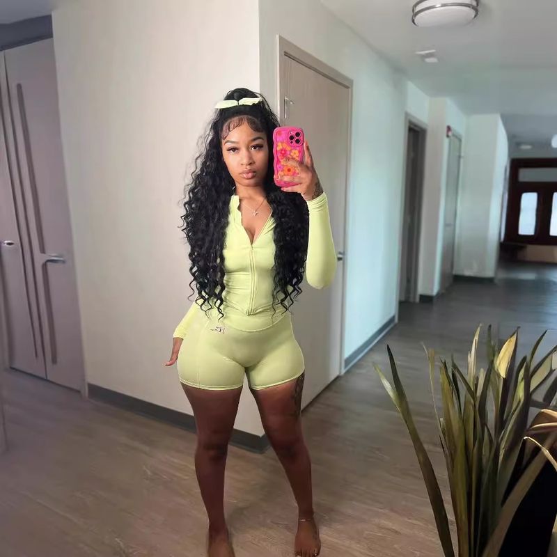 Women's Clothing Autumn Sports Casual Slim Waist Solid Color Long Sleeve Top And Shorts Two-Piece Set_voghion.com