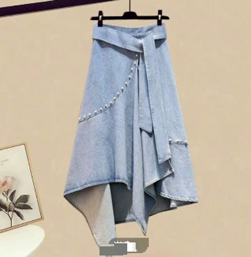 Damenbekleidung Sommeranzug für Damen 2023 Neue Mode Modisches, fleischbedeckendes, schlankmachendes Oberteil mit hoher Taille und Jeans, zweiteiliges Set_voghion.com