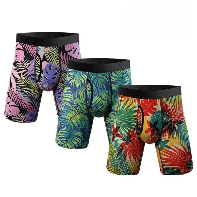 NOKO 3-pack Novelty Personalized Leaf Print Men's Underwear Side Opening And Lengthened Trouser Legs English Washing Label Men's Boxer Briefs_voghion.com