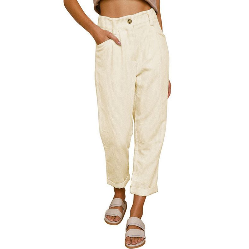 Damen-Freizeithose mit hoher Taille, einfarbig, Cord, lockere, gerade Hose für Damen_voghion.com