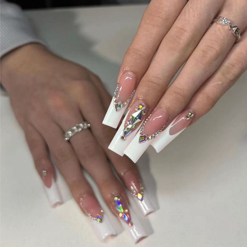 Afgewerkt 24 stuks kunstmatige witte Franse kunstnagels lang ballet nepnagels met strass ontwerp volledige dekking Pr_voghion.com