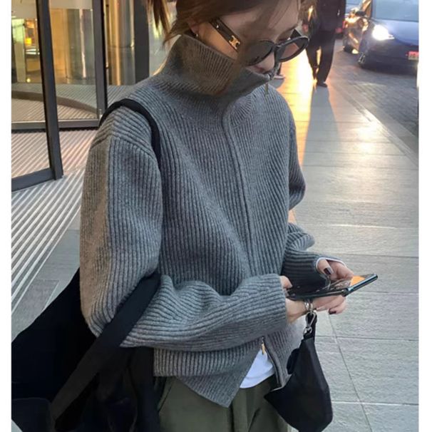Cardigan lavorato a maglia con collo alto e doppia cerniera retrò coreano 2023 per donna, stile pigro autunnale e invernale, senso del design, casual_voghion.com
