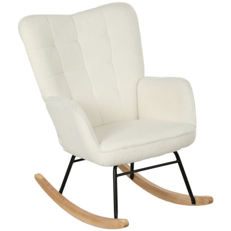 Mecedora de forro polar bereber – Sillón acolchado con balancines y reposabrazos de madera, respaldo alto para salón y dormitorio, color blanco (capacidad de 120 kg)_voghion.com