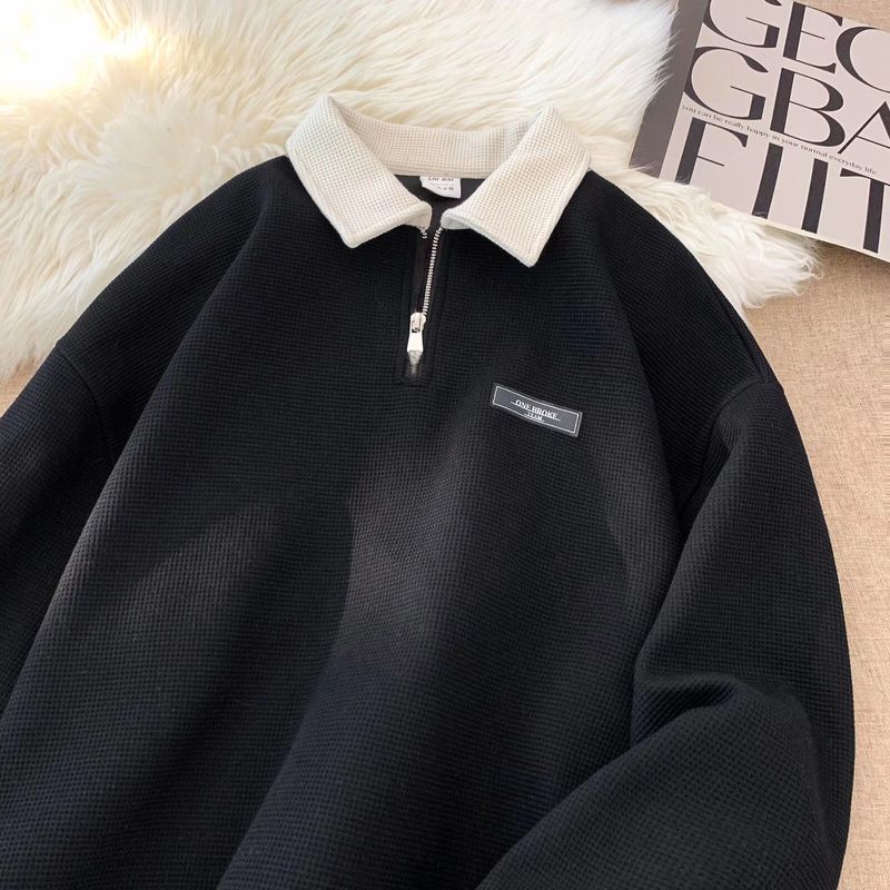 Men's Clothing Waffle Contrast Lapel Sweatshirt Men's Loose Street Fashion Spring And Autumn Half Zip Heavy Long Sleeve Polo Shirt_voghion.com