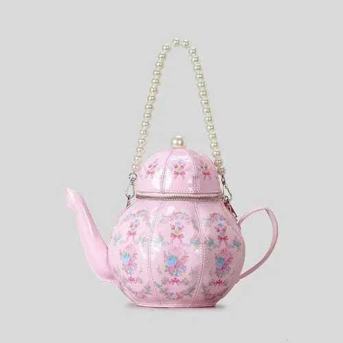 Bags Creative Vintage Printed Teapot Design Women Handbags Pearls Chains Shoulder Designer Crossbody Small Buckets Bag_voghion.com
