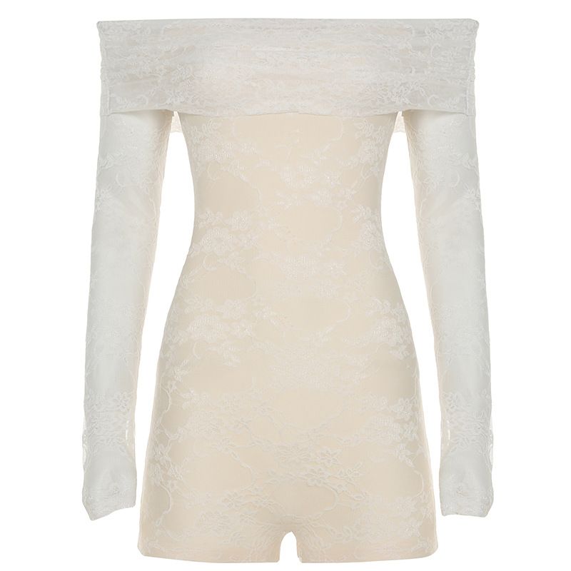 ​​Lace Trimmed One-Shoulder Long Sleeve Slim Fit Jumpsuit Shorts For Women - Sexy High Waist Bodycon Romper (White, S/M/L)​_voghion.com