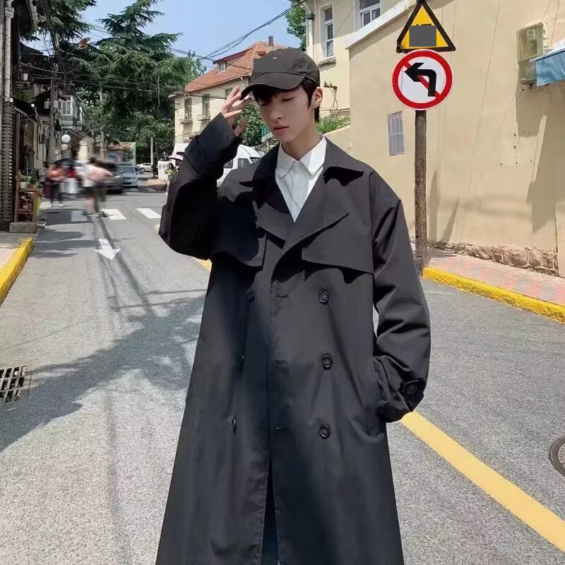 Langer Trenchcoat für Herren, lässig, lockere Passform, Unisex-Jacke mit Gürtel, zweireihiger Mantel in Schwarz und Khaki_voghion.com