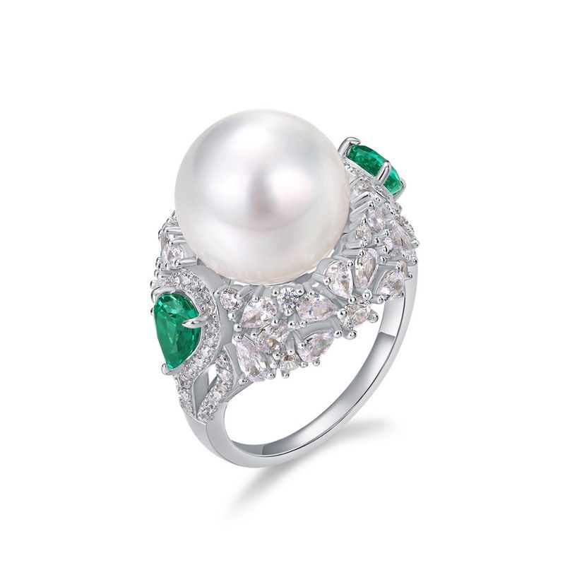 White shell pearl ring S925 silver emerald green colored gemstone finger ring light luxury retro noble temperament_voghion.com