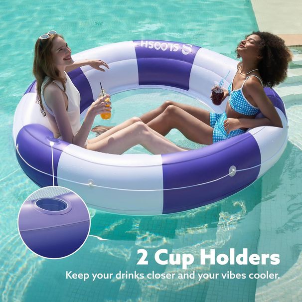 Oppustelig blåstribet dobbelt svømmering med net, solsengestol, udendørs solbadning, voksen colakop, dobbelt liggestol_voghion.com