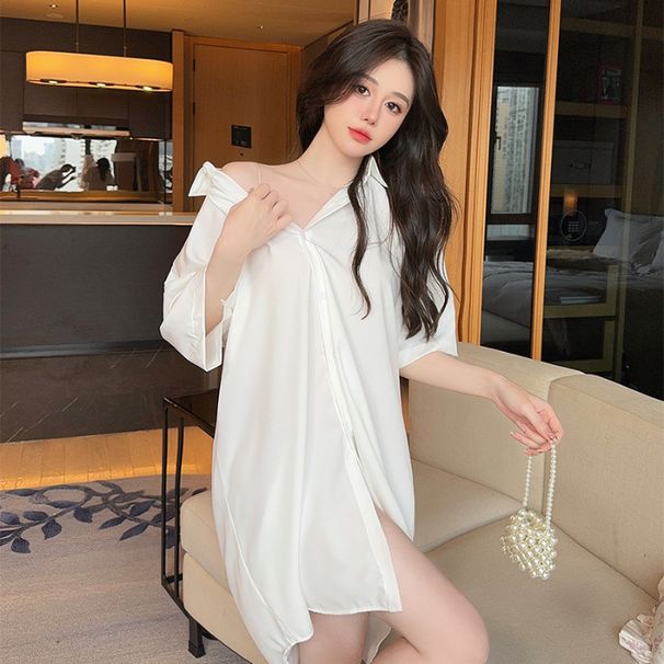 2024 nowa biała koszula spódnica tkana lodowy jedwab damskie piżamy krótki rękaw kardigan ubrania domowe można nosić na zewnątrz_voghion.com