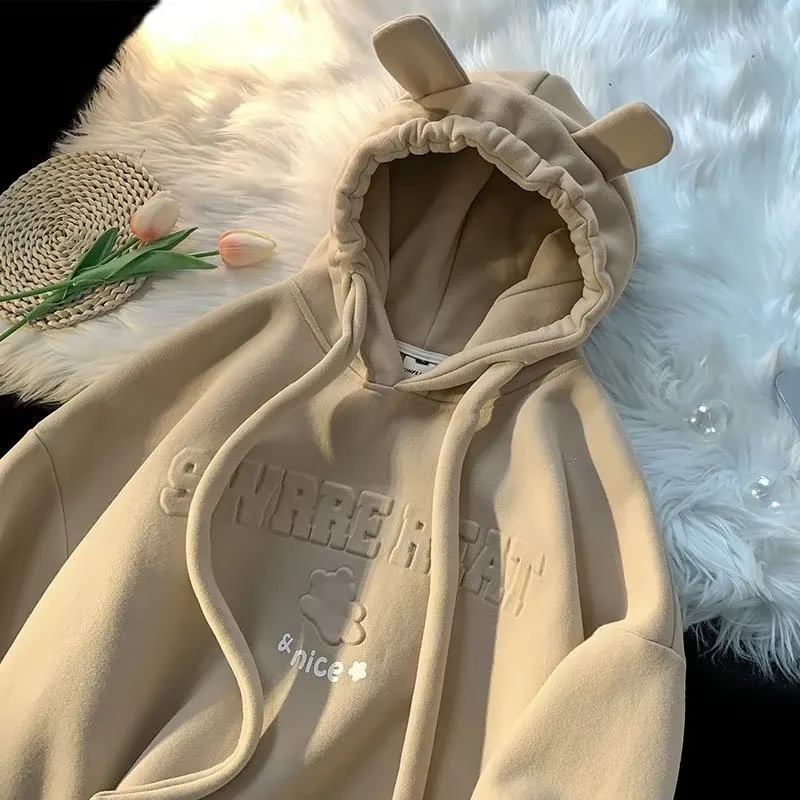 Women's Clothing Fashion brand high street couple sweater female design niche plus velvet thick new lazy style hooded jacket_voghion.com