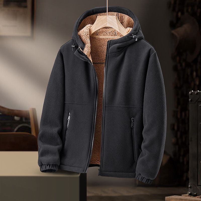Schwere Fleecejacke für Herren – Kapuzenjacke mit Sherpa-Futter und Reißverschluss für den Winter (Schwarz, Armeegrün, Karamell, Marineblau)​_voghion.com