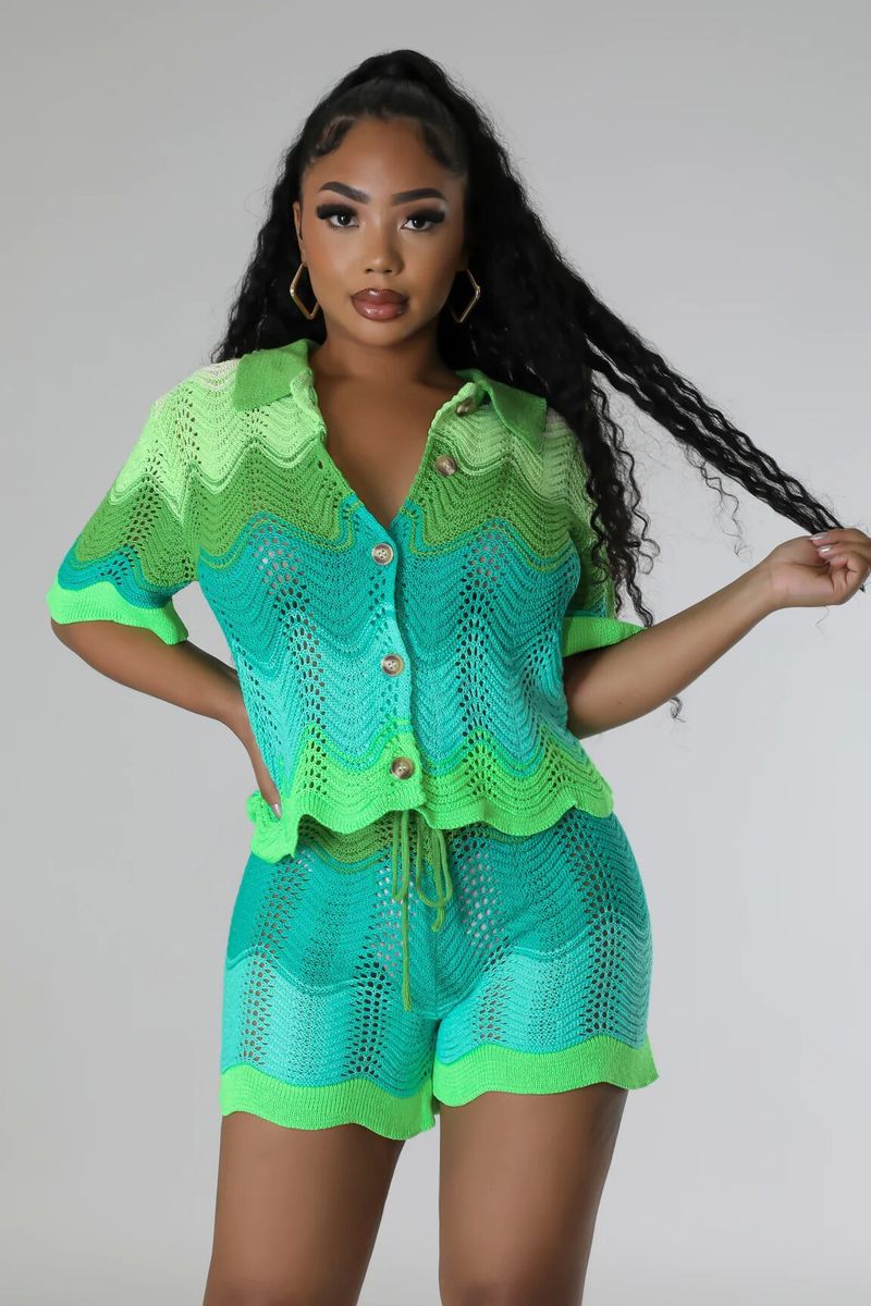 Vêtements pour femmes, nouveaux shorts tricotés à manches courtes, costume décontracté, costume deux pièces_voghion.com