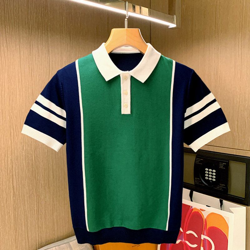 Männerkleeder Business Casual Kuerzärmlech T-Shirt Jugend Moud Splicing Strick Tops Slim Poloshirt_voghion.com