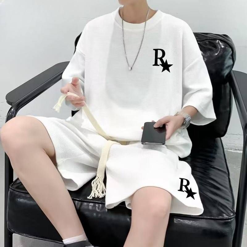 Men's Waffle Suit Short-Sleeved T-Shirt Youth Trendy Sportswear Two-Piece Casual Shorts_voghion.com